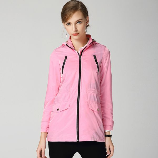 

2018 autumn thin hooded trench coat women casual loose zipper windbreaker coat d341, Tan;black