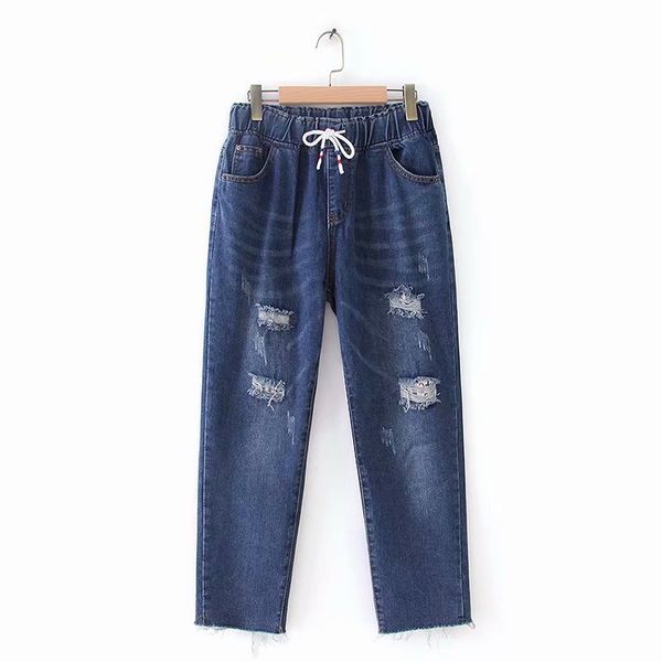 

plus size casual jeans 2019 autumn women fashion loose draw string holes denim ankle-length pants d31-x8140, Blue
