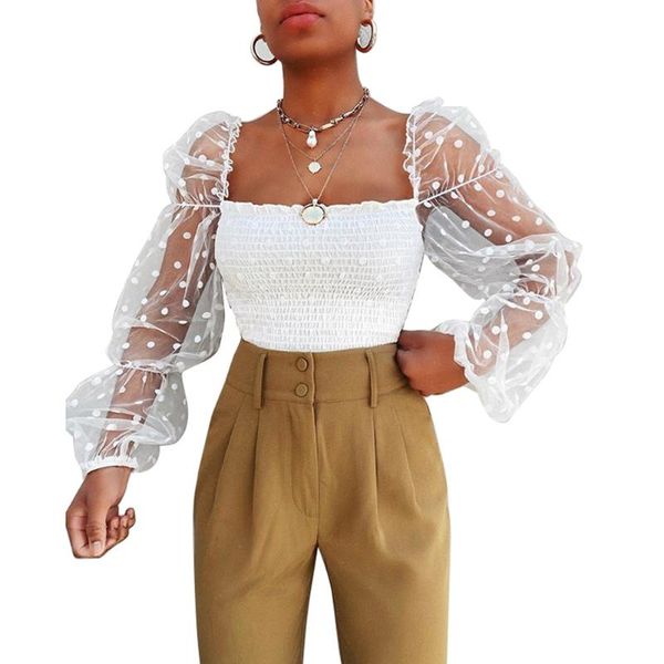 

fashion women ladies solid t shirt long mesh puff sleeve summer slim casual clothes, White