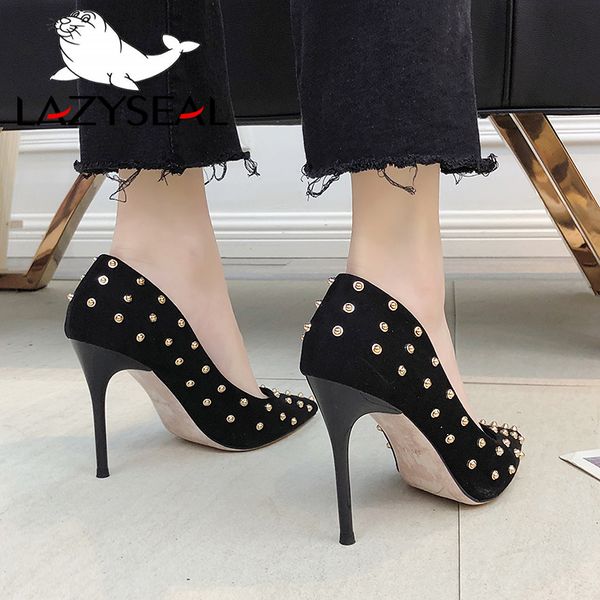 

lazyseal 2019 rivets stiletto women pumps 10cm high heels shoes woman pointed toe female office lady wedding party shoes, Black
