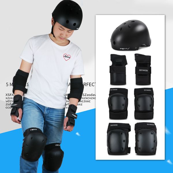 

skateboard protective gear suit helmet elbow knee pads beginner roller skating skating ski protective suit 7pcs/set, Black;gray