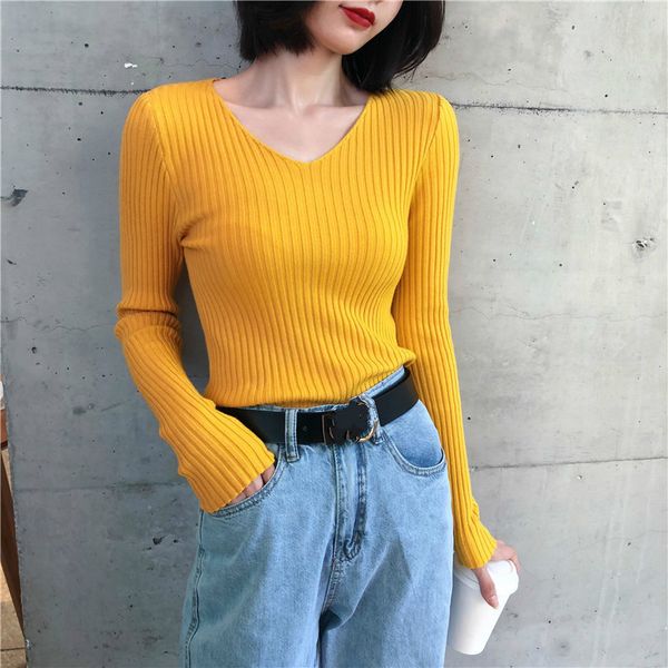 

v-neck casual autumn winter basic women's clothing knitted long sleeve ladies fashion brand sweater bodycon pullovers new, White;black