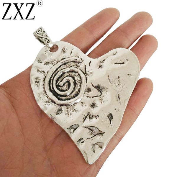 

zxz 2pcs large antique silver tone spiral swirl design hammered heart charms pendants jewelry findings 75x67mm