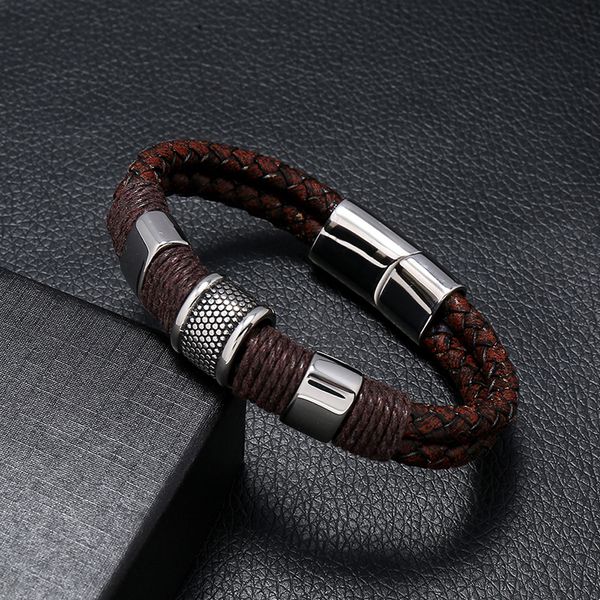 

double layer braid faux genuine leather bracele jewelry stainless steel magnetic buckle punk men women bralcet accessories, Golden;silver