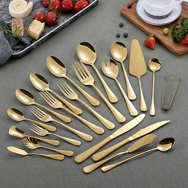 

gold color stainless steel tableware set spoons coffee spoons ice spoon steak knife fork spoon western tableware flatware