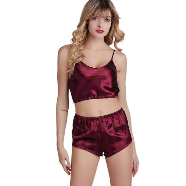 

women satin lingerie pajamas sleeveless crop shorts stripes nightwear t4md, Black;red