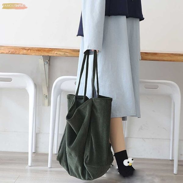 

women fashion corduroy shoulder bag large capacity female big tote handbag folding reusable shopping bags strap cloth bags yl5