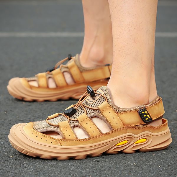 

cimim summer new breathable genuine leather sandals large size men fashion mesh shoes comfortable casual shoes men, Black