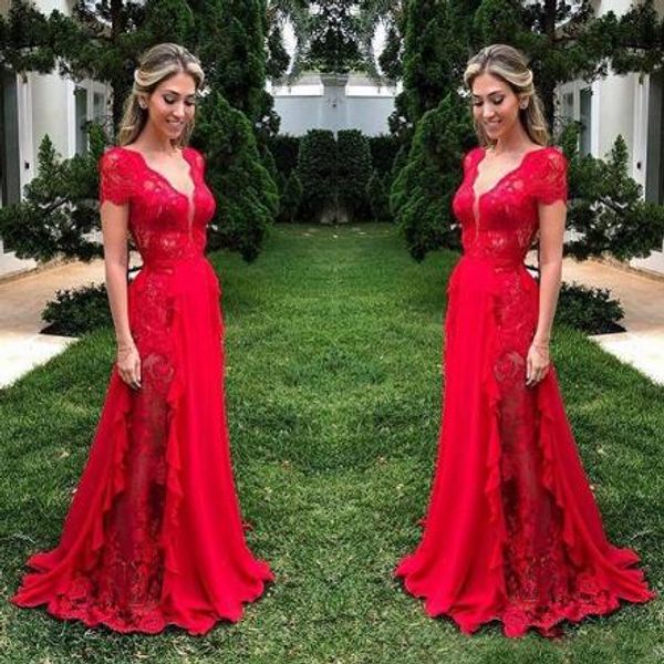 2020 lindo laço longo vestidos de dama de honra para casamento vermelho profundo decote em v capa manga doméstica de honra vestidos chiffon chão dama dama dama dama