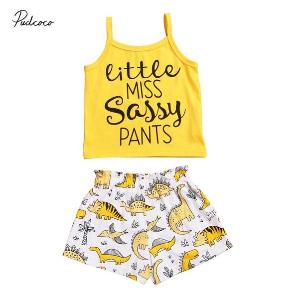 

kids baby girls 2pcs outfit sleeveless sling letter cartoon dinosaurs ruffle short elastic pants set 1-5t, White