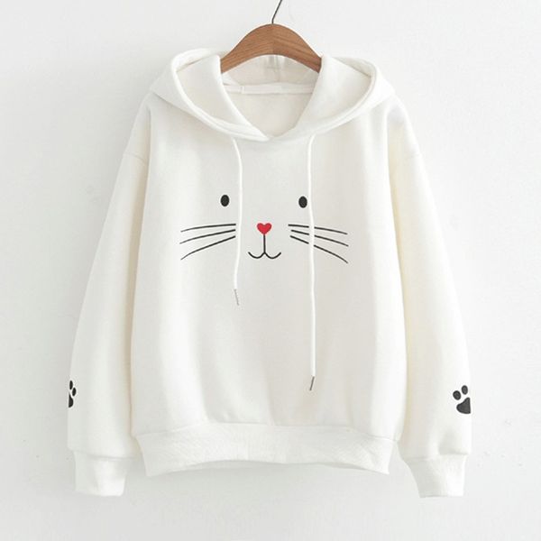 

женщины осень фуфайки cat печати толстовки японский каваи hooded top перемычка сыпучие длинным рукавом пуловеры повседневный tracksuit molet, Black