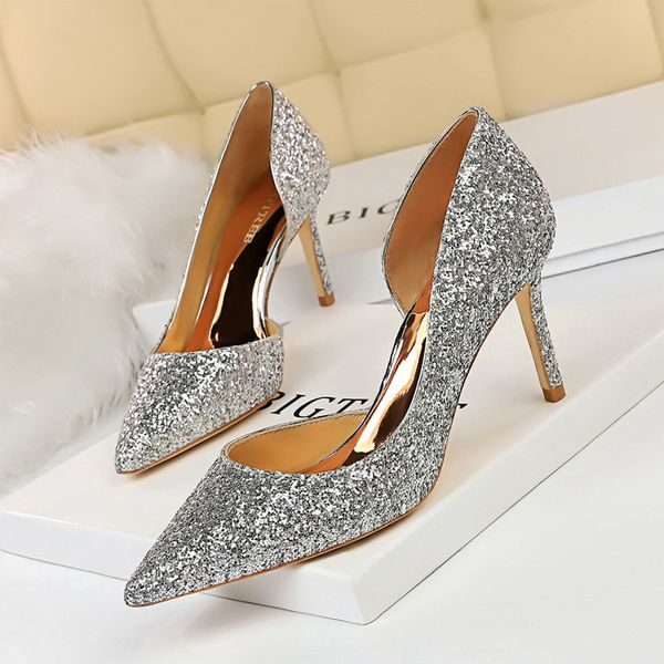 

europe and the united states thin club high heels shallow mouth pointed toe side hollow sequins high heel women's shoes, Black