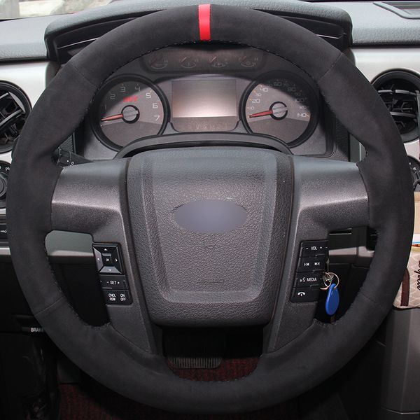 

black suede red marker car steering wheel cover for ford f150 f-150 2011-2014