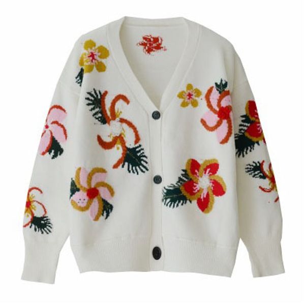 

женская дизайнер вязать кардиган цветочный принт свитера для женщин повседневная топы вышитые v-образным вырезом однобортный с длинными рука, White;black