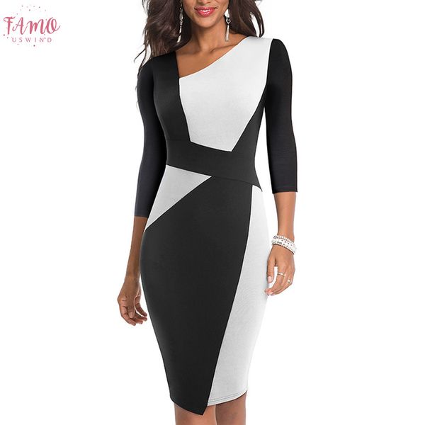 

vintage women patchwork asymmetrical casual dresses collar dress elegant casual work office sheath slim dress eb517, Black;gray