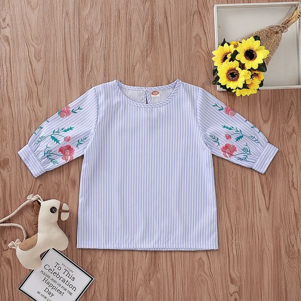 

2019 fall fashion kids floral blue stripe girls shirts toddler girl long sleeve little girls clothing