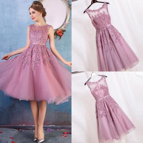 

2021 new crew neck lace a line knee length homecoming dresses organza applique beaded short cocktail party prom dress evening gowns, Black