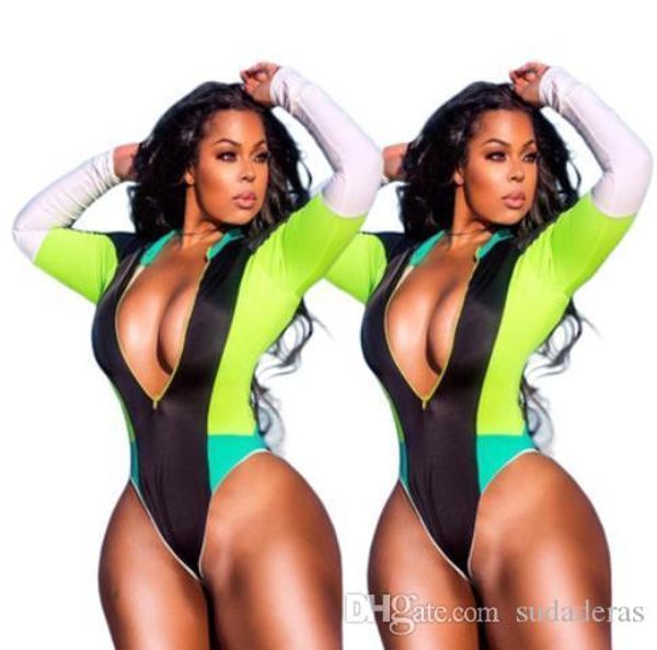 

женщины one piece высокой талией бикини лета купальниках цвета лоскутное zipper глубокий v sexy swimsuits, White;black