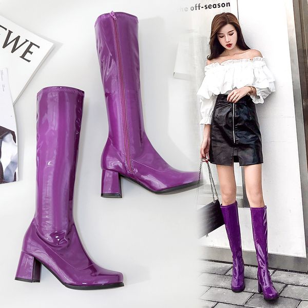

fashion novelty women knee high boots solid patent leather autumn winter boots med pointed toe ladies shoes, Black