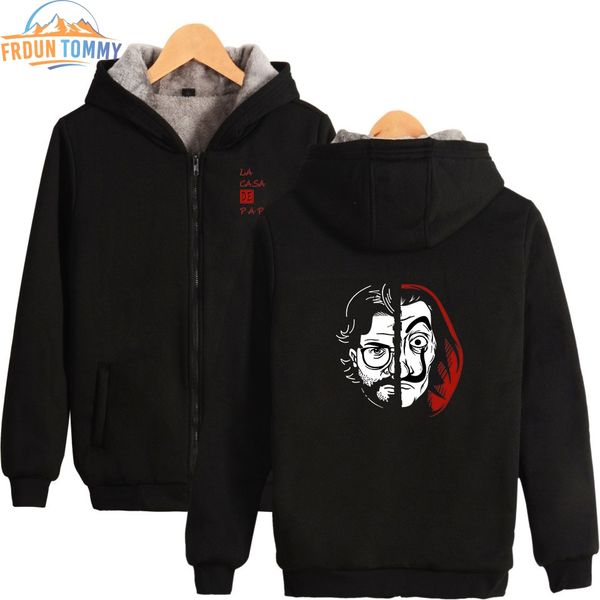

la casa de papel money heist printing new cotton men zipper fashion hoodies sweatshirt casual thicken hoodie zipper sweatshirt, Black