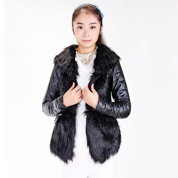 

luxury women's faux fur coat leather outerwear snowsuit long sleeve jacket black, Black;brown