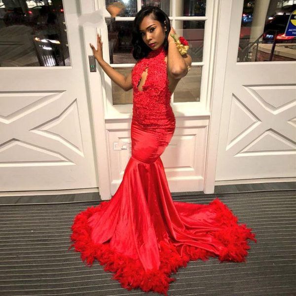 

red mermaid prom dresses with feather for african black girls women vestido de festa backless evening party gowns 2020