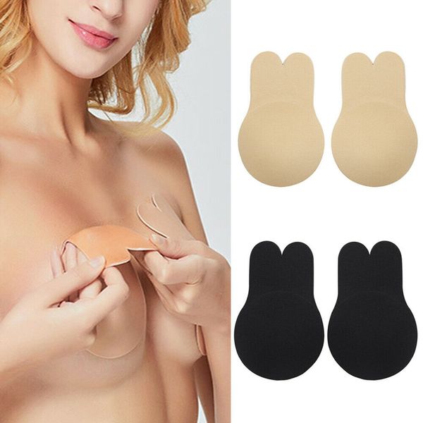 

women rabbit ear push up invisible bra nipple cover self adhesive lift breast petals strapless backless bra pad stickers, Black;white