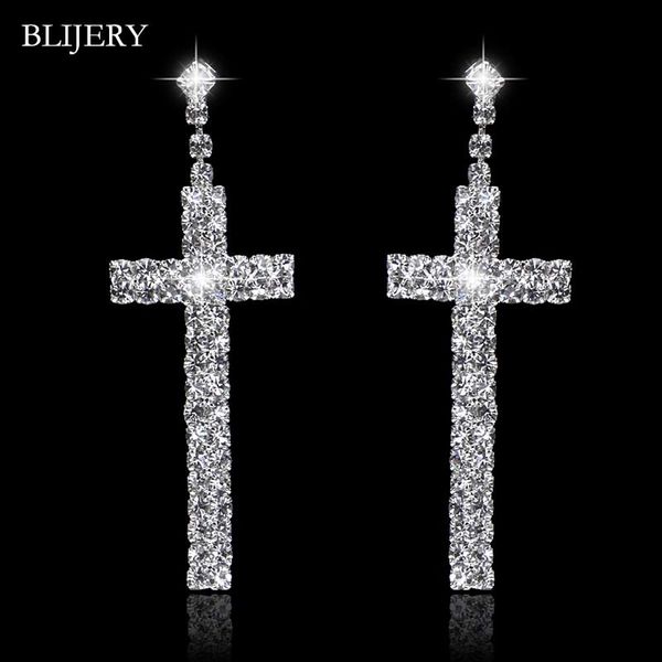 

blijery fashion cross shape crystal bridal long earrings silver color rhinestone wedding dangle earrings for women jewelry gifts