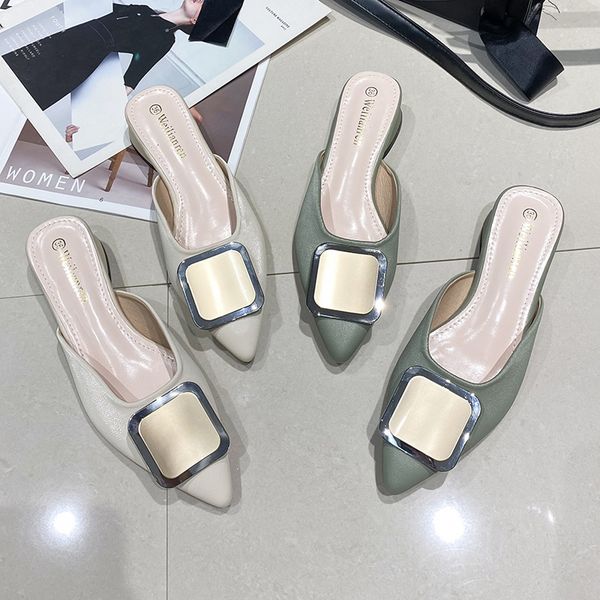 

shoes mules for women 2020 woman's slippers pointed toe rivet luxury slides med loafers new cover designer fabric hoof heels, Black