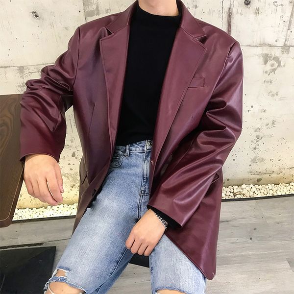 

2019 new autumn and winter korean version of the loose personality solid color up leather thick men's casual small suit, White;black