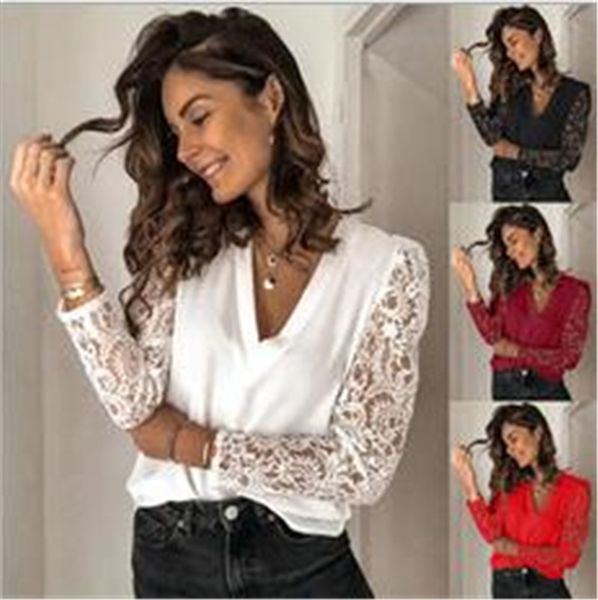 

womens designer tshirts lace flora panelled long sleeve fashion v neck casual summer t shirts, White