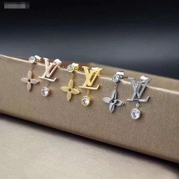 

fashion design letter stainless steel earings diamond earrings for women white zircon earrings three color jewelry, Golden;silver