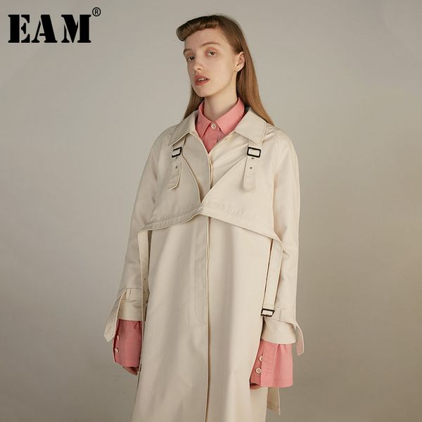 

eam] 2019 new spring summer turn-down collar long sleeve beige big size personality windbreaker women trench fashion jy044, Tan;black