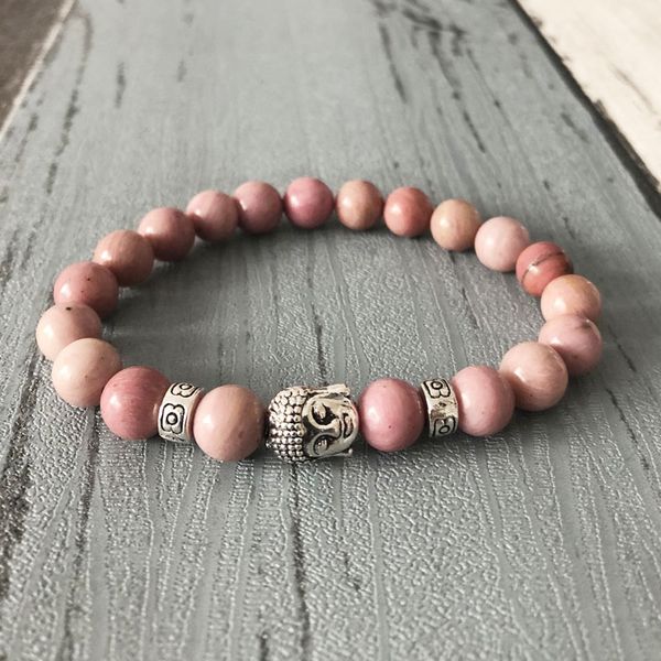 

8mm rhodonite bracelet for women silver buddha head mala prayer beads wrist rhodonite pink stone bracelet for unisex, Golden;silver