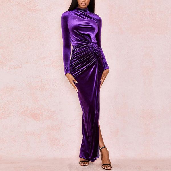 

seamyla violet long sleeve draped maxi long dress high slit winter runway elegant 2020 evening club party dresses vestidos, Black;gray