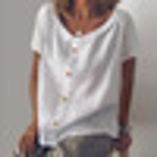 

women summer t shirt solid color cotton linen breathable casual buttoned-decor camisetas verano mujer 2019, White