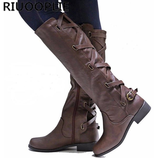 

riuooplie women low heel over the knee thigh ladies leg calf boots motorcycle shoes, Black