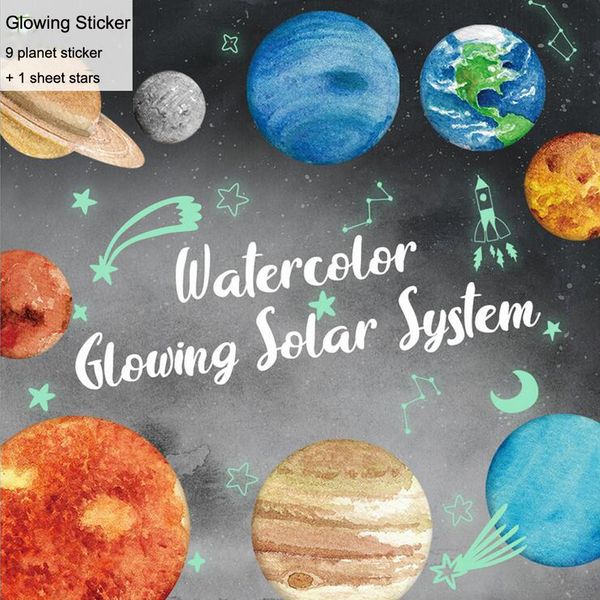 Watercolor Solar System 9 Planets Glowing Stickers Children Bedroom Wall Art Decor Kids Room Living Room Background Diy Mural 3d Stickers Wall