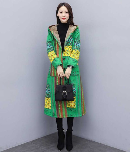 

2019 осенью и зимой новый вентилятор женщин средней длины с капюшоном хлопок белье плюс бархат толщиной печати теплый ветровка женская куртк, Black