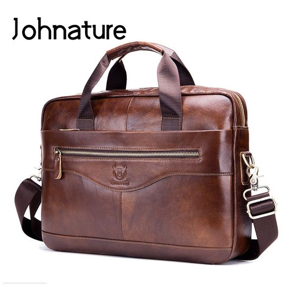 

johnature genuine leather briefcase men computer bags 2019 new mens business bag large capacity handbags solid color lapbag
