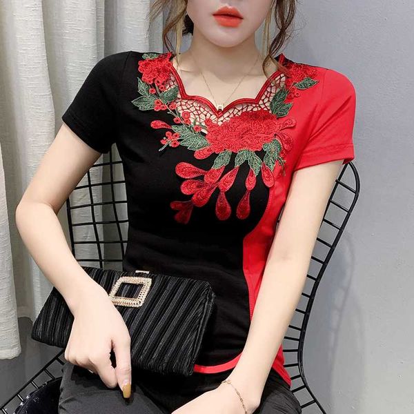 

2020 summer new retro chinese style exquisite embroidery contrast foreign style fashion all-round fit short sleeve t-shirt top, White