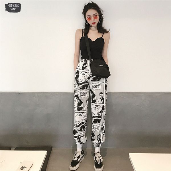 

harajuku девушки мультфильм печати женщины wasit шаровары брюки эластичный длина лодыжки брюки атласная весна осень причинные свободные брюк, Black;white