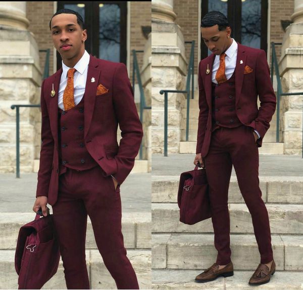 

burgundy wedding mens suits slim fit bridegroom tuxedos for men three pieces groomsmen suit blazer formal business jackets pants, Black;gray