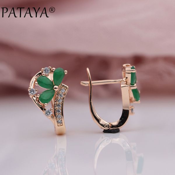 

pataya new arrivals 585 rose gold micro-wax inlay green water drop natural zircon dangle earrings women wedding party jewelry, Golden