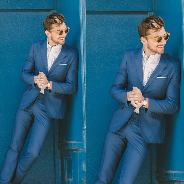 Smoking da sposa estivo Beach Blue con risvolto con risvolto Gilet Pantaloni Abiti da sposo Prom Party Best Men Blazer Suit (giacca + pantaloni)