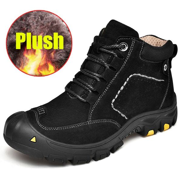 

new genuine leather men boot fashion man winter snow boots keep warm boots plush ankle snow work shoes men's, Black