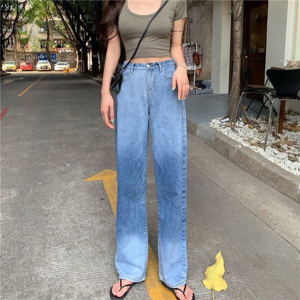 

women mom high waist streetwear women solid vintage denim blue pant summer trouser boyfriend fashion korean contrast gradient, Black;white