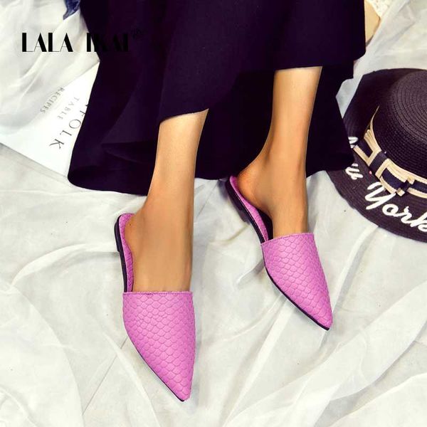 

lala ikai women designer slippers 2020 summer casual fish scaly pointed toe half flats slipper outdoor house shoes xwa10910-4, Black