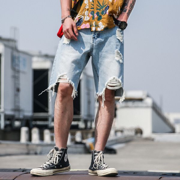 

fashion tattered cowboy hole pants european and american street style new mens denim shorts casual knee length short, Blue