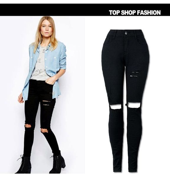 

women high waist elastic holes denim pencil pants women's 2019 summer autumn casual ripped keen hole jeans, Blue